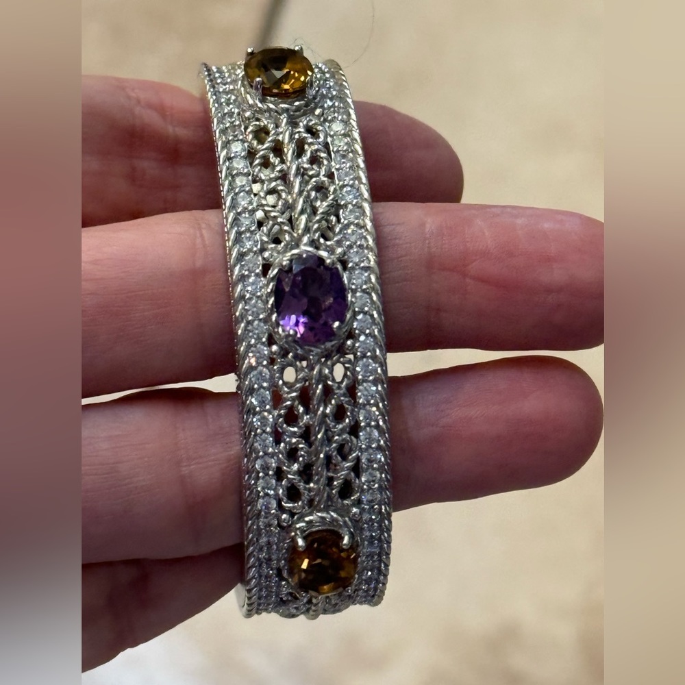 Judith Ripka SS and amethyst /cognac quartz with cubic zirconia edges size 6.5 “